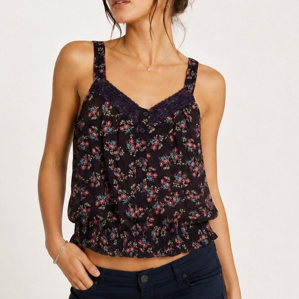 Womens Tank Top Y2K Vintage Purple Floral Chiffon Lace Sheer Shirt